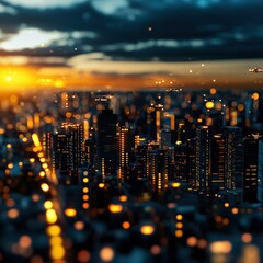 Stunning Sunset Over Vibrant City Skyline with Glowing Lights and Atmospheric Reflections