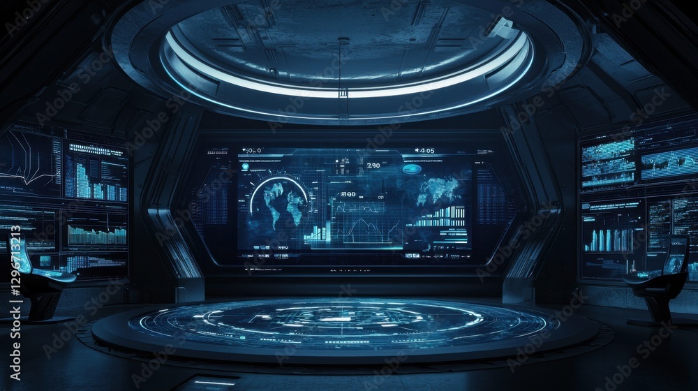 Poster futuristic data control room with interactive displays and digital maps for technology and science a