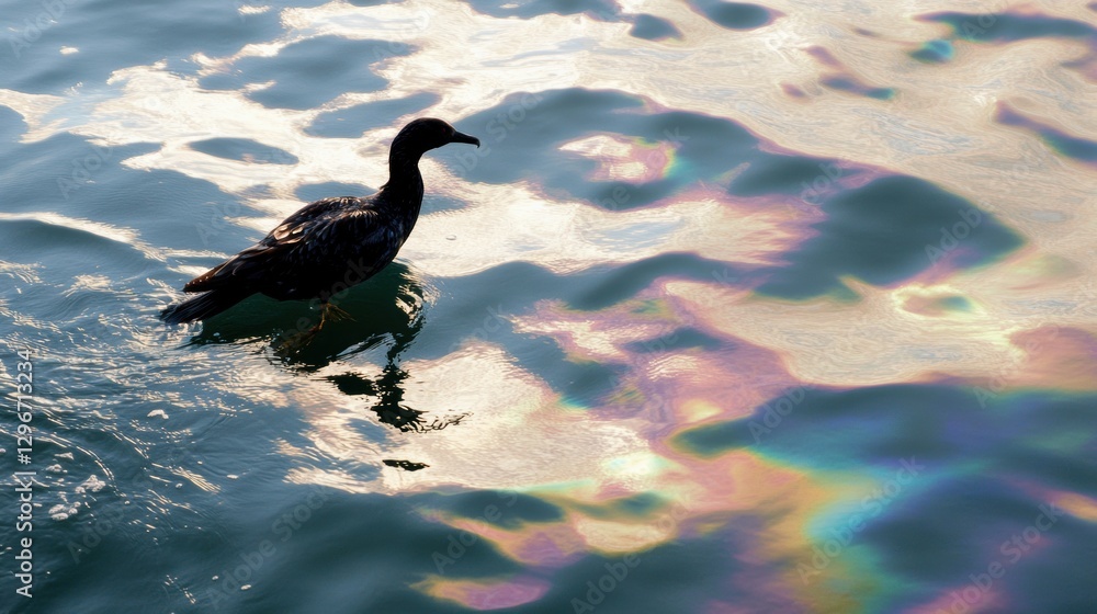 Poster seabird struggles on oil spill with rainbow sheen reflecting on ocean surface. generative ai