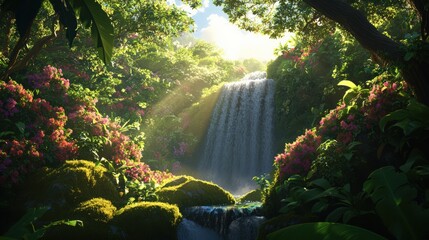 Sunlight Dancing Through Lush Tropical Forest Surrounding a Cascading Waterfall