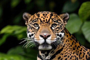 Fototapeta premium Majestic jaguar gazes intently, showcasing vibrant fur and strik