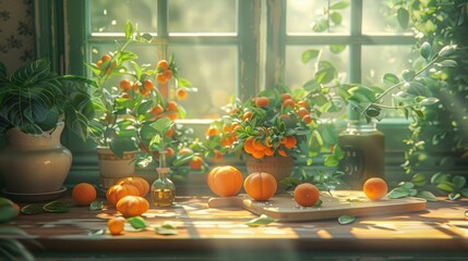 Fresh Oranges and Green Plants in a Bright Sunlit Window Scene