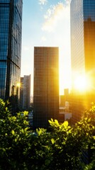 Sunset Over Urban Skyscrapers with Lush Greenery in Vibrant City Landscape