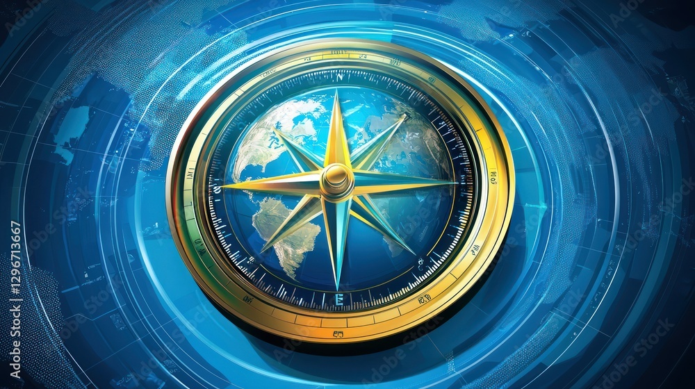 Poster a compass illustration with a globe in the center, symbolizing global navigation.