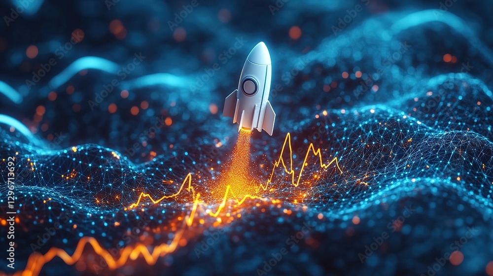Poster new project and startup concept with rocket flying up with dotted trajectory above light growth grap