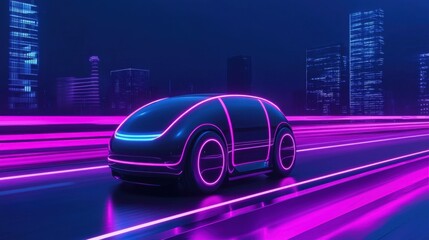 Fototapeta premium Futuristic Electric Vehicle with Neon Lights Driving Through a City at Night in a High-Tech Urban Environment