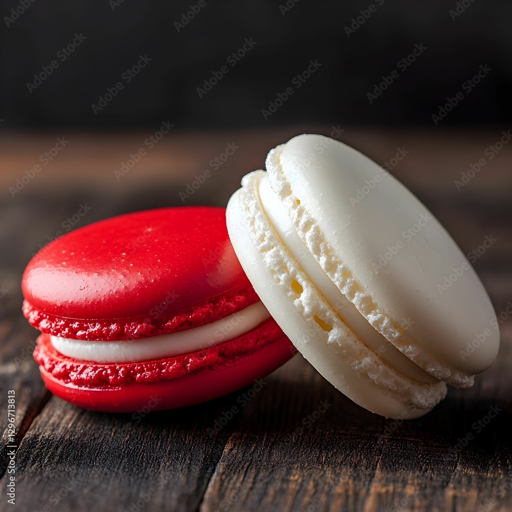 Wall mural two vibrant macarons displayed on a rustic wooden table with a rich texture in a cozy bakery setting