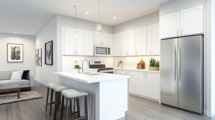 Sophisticated modern apartment kitchen with white cabinetry, stainless steel appliances, and a clean aesthetic.