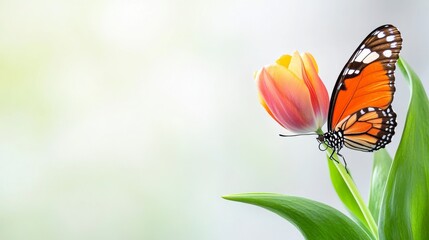 Obraz premium Orange Butterfly on Yellow Tulip Closeup Macro Photography
