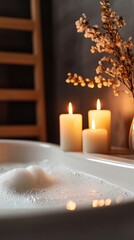 Tranquil Bathroom Scene with Bubbles and Candles Creating a Relaxing Atmosphere