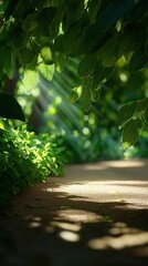 Tranquil Pathway Through Lush Green Foliage Illuminated by Sunlight in a Serene Environment