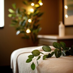 Tranquil Spa Room with Soft Lighting and Greenery for Relaxation Therapy