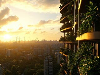 Urban Cityscape at Sunset with Modern Architecture and Lush Greenery on a Balcony