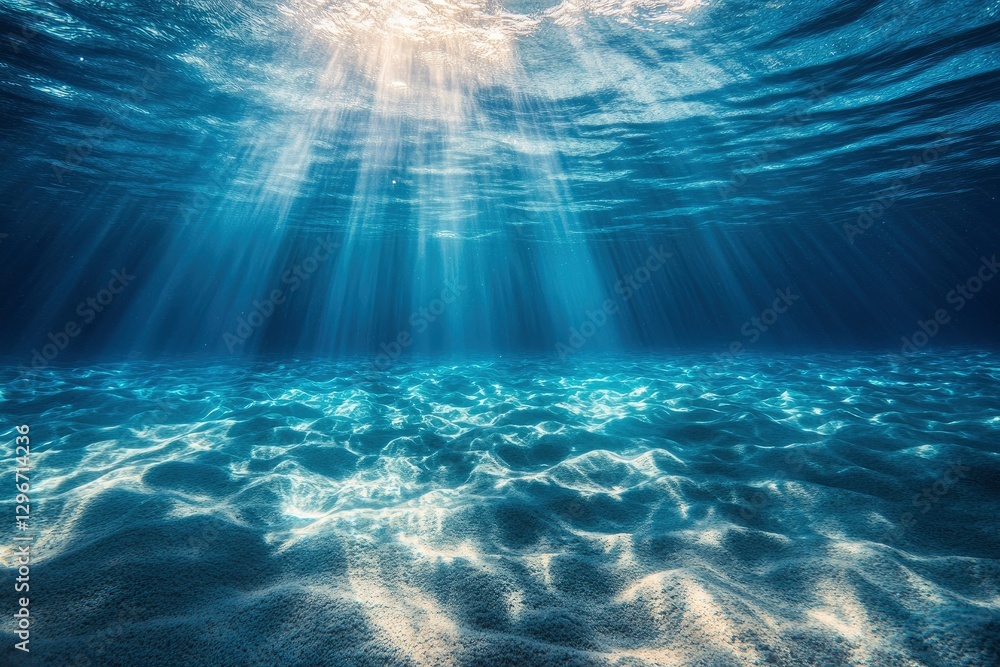 Poster underwater view of the ocean floor, with sunlight filtering through clear water to create ripples on