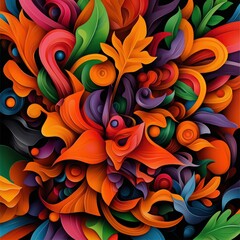 Vibrant Abstract Floral Pattern with Swirling Colors and Intricate Design Elements