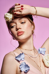 Young woman embodies spring elegance with floral accents in a chic fashion display