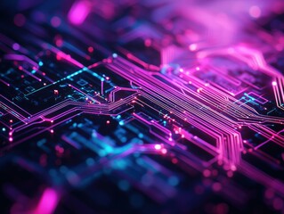 Vibrant Abstract Technology Circuit Board with Neon Purple and Blue Lights in a Futuristic Design