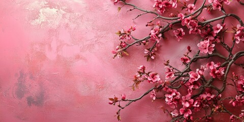 Pink floral background with pink flowers on the right side of the image, pink wall, pink background