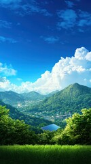 Vibrant Landscape of Lush Green Mountains Under a Bright Blue Sky with Fluffy Clouds