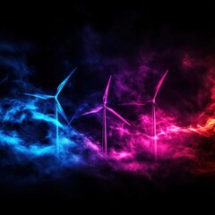 Vibrant Neon Wind Turbines Surrounded by Colorful Clouds and Electric Energy Effects