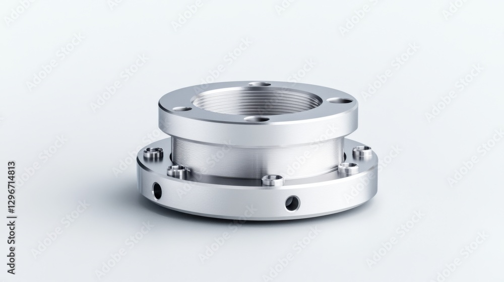 Poster detailed close-up of a silver industrial flange component with threaded center and circular base for