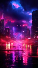 Vibrant Urban Nightscape with Neon Lights and Dramatic Skyscrapers After Rain