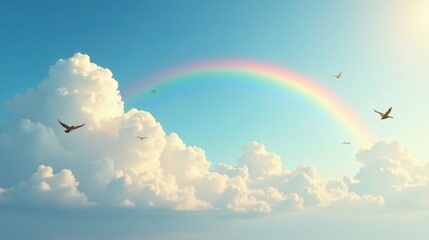Serene Skies Birds in Flight Beneath a Pastel Rainbow Arcing Across a Canvas of Fluffy White Clouds