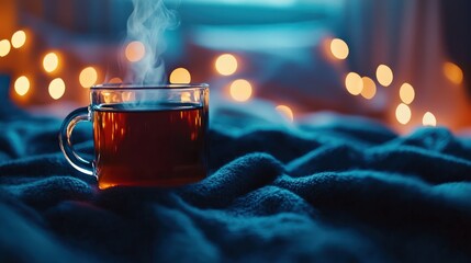 Warm Cup of Tea Steaming on a Cozy Blanket Surrounded by Soft Bokeh Lights