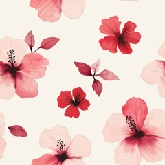 Elegant Hibiscus Blossom Watercolor Painting Style with Delicate Pink and Red Flowers Pattern