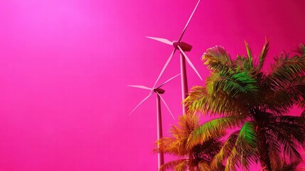 Wind Turbines Surrounded by Lush Tropical Foliage Against a Vibrant Pink Sunset Sky