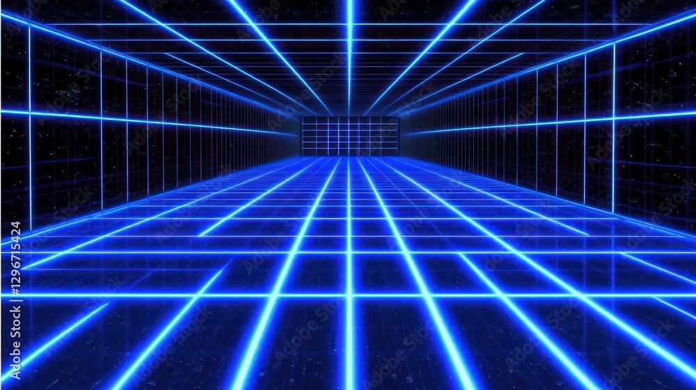 Poster navigating neon grid a retro sci-fi landscape with cosmic backdrop