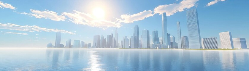 Fototapeta premium City skyline by water, beautiful sunrise, use in background for presentations