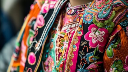 Colorful traditional garment showcasing intricate embroidery and vibrant patterns in a cultural setting