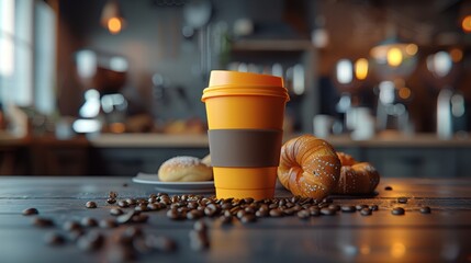 Fresh Coffee Cup Surrounded by Pastries and Coffee Beans in Cafe