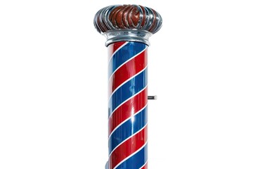 Fototapeta premium A classic barber pole featuring red, white, and blue stripes with a decorative top. isolated on white background