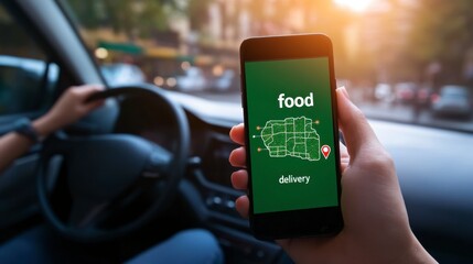 Smartphone in Hand Showing Food Delivery App While Driving Car