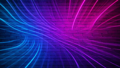 Abstract Neon Light Waves on Brick Wall