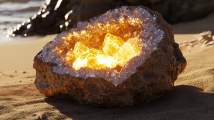 Natural crystal formation showing bright golden hues inside a geode on a sandy beach with ocean waves in the background