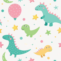 Dino Dreams: A playful illustration showcasing a vibrant, seamless pattern featuring adorable cartoon dinosaurs amidst whimsical stars and balloons, perfect for children's designs.