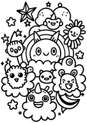 Obraz premium Whimsical Doodle: A delightful black and white doodle filled with adorable characters, rainbows, stars, clouds, and the sun. This playful illustration is full of fun.