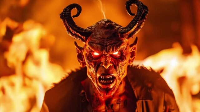 Infernal Gaze: A menacing demonic figure with glowing eyes, menacing horns and snarling expression emerging from a fiery background.