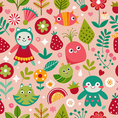 Enchanting Floral Fantasy: A vibrant and whimsical seamless pattern showcasing a delightful array of playful creatures, lush foliage, and colorful flowers. 