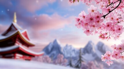 Pink Cherry Blossoms Frame Snowy Mountain Temple at Sunrise