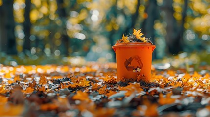 Bright Orange Recycling Bin Surrounded by Autumn Leaves in Forest
