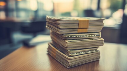 Stacked US dollar bills with a blurred corporate office background, symbolizing financial success.