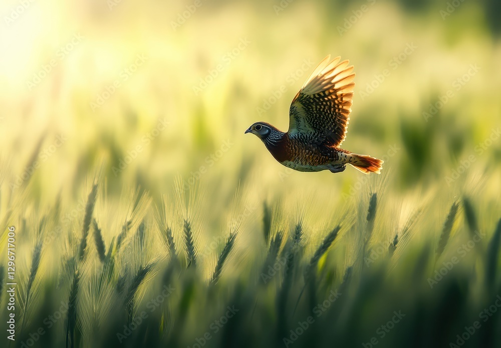 Poster beautiful bird in flight over golden wheat field at dusk with soft light and warm tones creating a s