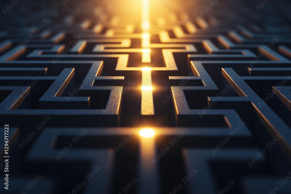 Poster intricate maze with glowing arrows leading towards an exit point in a dark setting