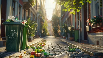 Urban Street Scene with Trash Bins in a Sunlit Neighborhood