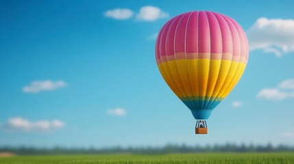 Naklejka premium Pink Yellow Blue Hot Air Balloon Soaring Over Green Field Under Blue Sky