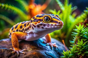 Panoramic Close-Up of Leopard Gecko in Terrarium Habitat